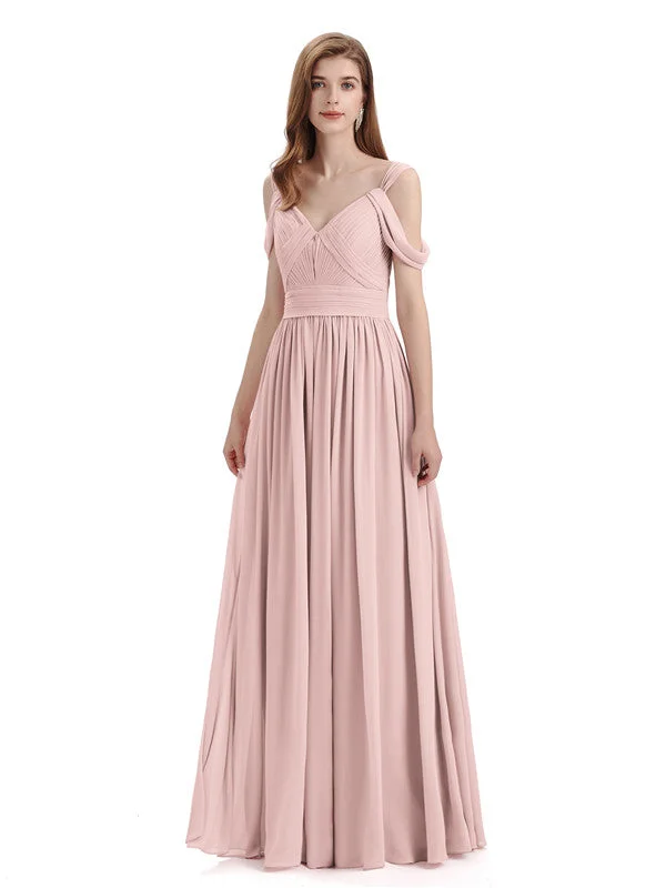 Women's Formal Event Outfit Feminine Elegance Simple Off-shoulder Chiffon Floor-Length Long Bridesmaid Dresses