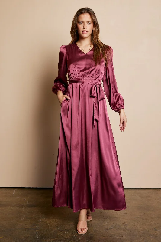 Women's Clothing Apparel Lighten Up with Nordic Styles The Tatum Dull Satin Tie Maxi Dress in Plum FINAL SALE