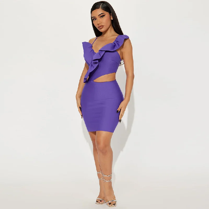 Women's Evening Apparel Lightweight Fabric Strappy Sleeveless Ruffle Mini Bodycon Dress PF23194