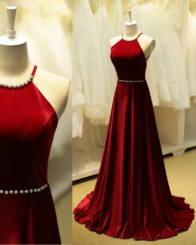 Women's Comfy Attire For Lounging Feminine Soft - Hued Styles Halter Red Velvet Prom Dress Long Women Formal Evening party Gown