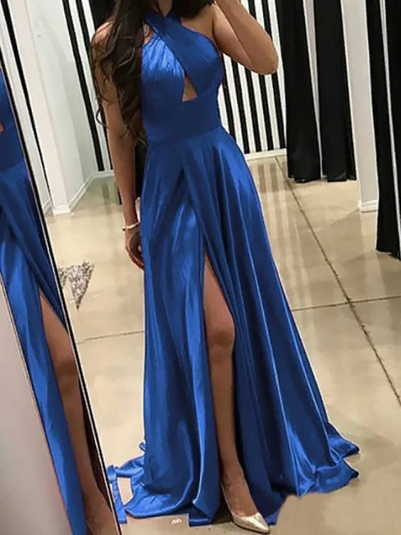 Sustainable Women's Clothes Limited Quantities Blue satin long prom dress, evening dress    cg20742