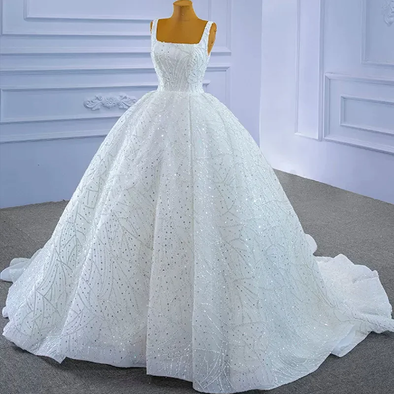 Charming Women's Outfit For Special Occasions Coastal Beach - Inspired Style Square Neck Sparkly Ball Gown Wedding Dresses Beaded Bridal Gowns