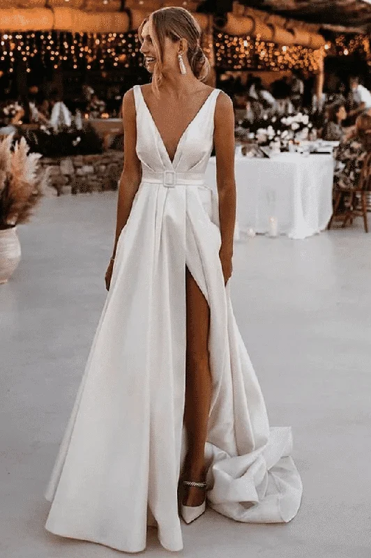 Women's Outerwear Attire Charming Silhouette A-Line V-Neck Sleeveless Satin Side Slit Beach Wedding Dress with Belt