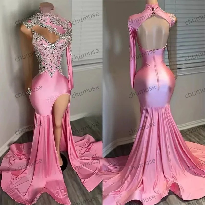 Women's Casual Garments Playful Elegance Luxury Pink Long Prom Dress Long Sleeves Evening Dresses Bead Crystals High Neck Birthday Dress Customized