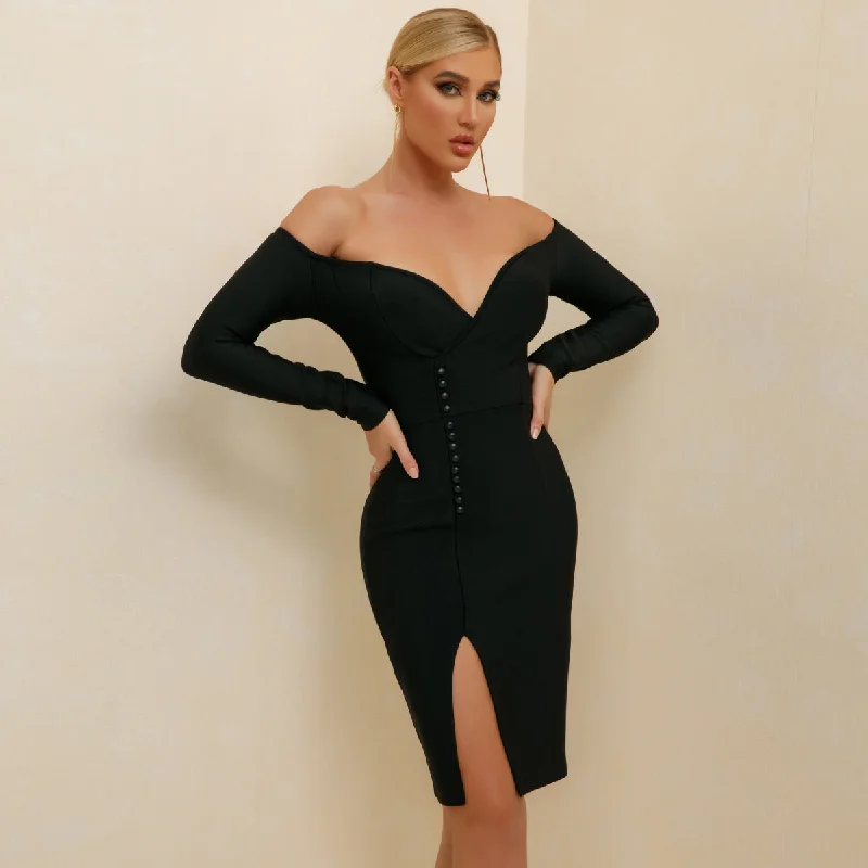 Women's Fashion-Forward Apparel Feminine Charm Off Shoulder Long Sleeve Slit Midi Bandage Dress PP21106