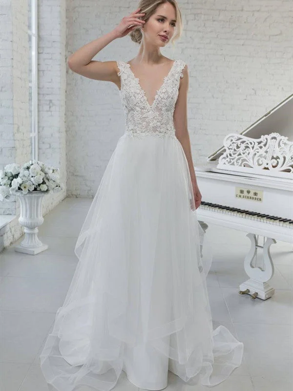 Casual Attire For Women Minimalist Chic V-neck Appliques Long Wedding Dresses, Elegant 2020 Lace Wedding Dresses