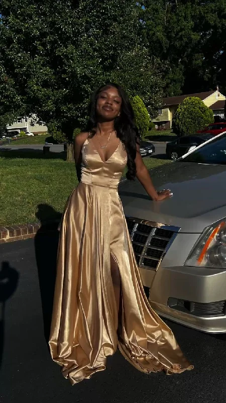 Women's Trendy Outfit Elegant Contour A Line V Neck Gold Sleeveless Satin Long Prom Dress,Formal Gown      cg24925