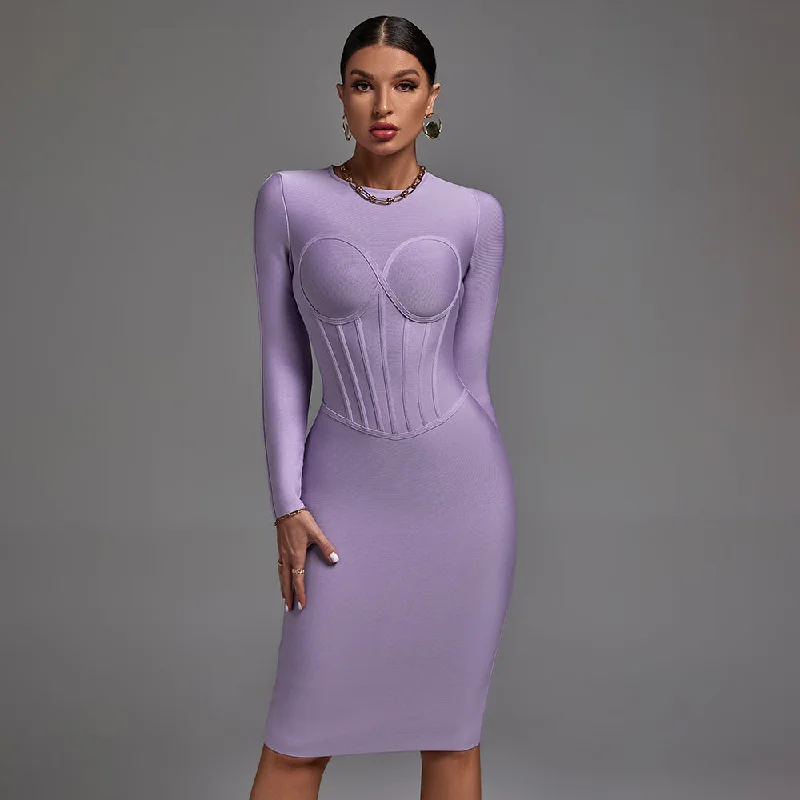 Women's Elegant Clothing Sets Mid - Season Sale Round Neck Long Sleeve Striped Midi Bandage Dress PP21811