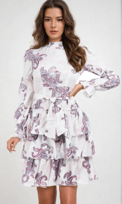 Women's Party Outfit Seasonal Trend Long Sleeve Short Print Ruffle Party Dress D089A-2