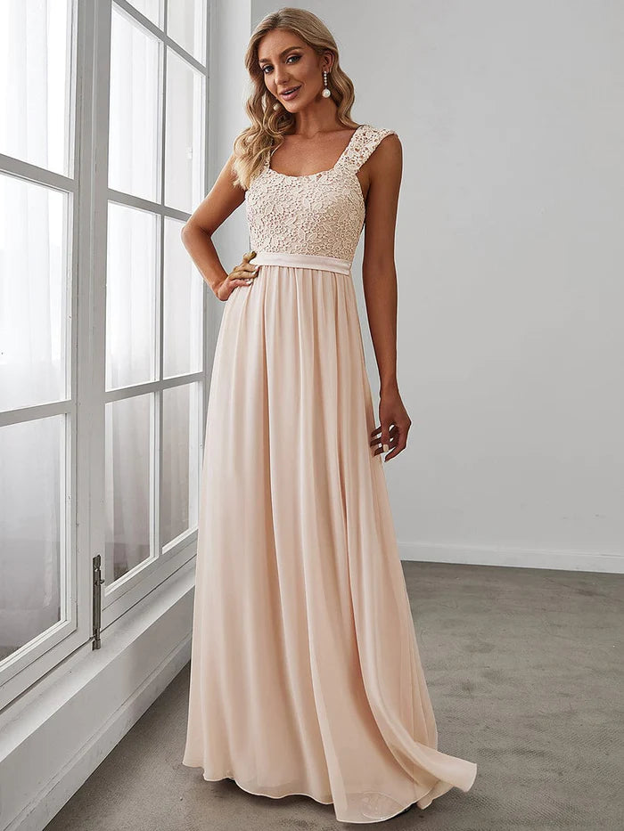 Women's Sporty Clothes Sophisticated Cut Elegant A Line Long Chiffon Bridesmaid Dress With Lace Bodice