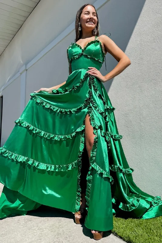 Women's Weekend Outfit Early Access to Art Deco Styles Sale Green V-Neck Backless Ruffle A-Line Prom Gown with Slit