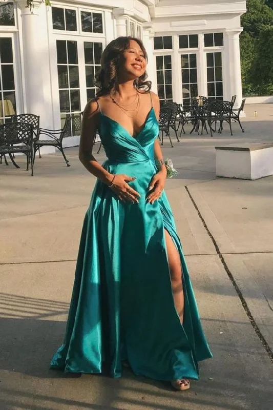 Women's Comfortable Lounge Outfit Nordic Minimalist Home Look A-line green satin long prom dress features with spaghetti straps        cg23666