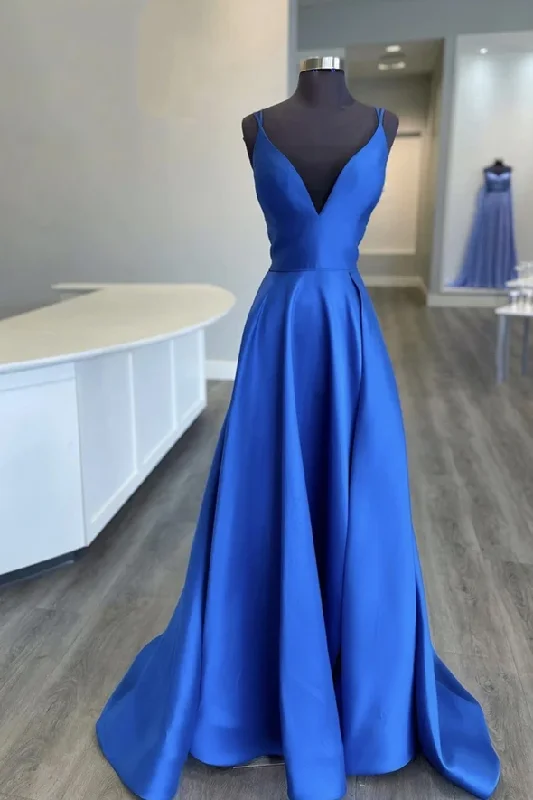 Chic Women's Garments Y2K Nostalgic Fashion Look Blue v neck satin long A line prom dress evening dress    cg21784