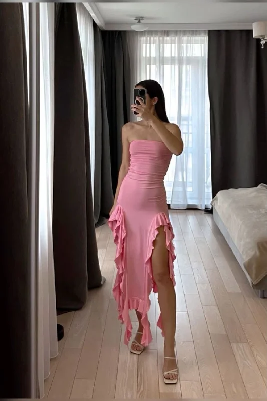 Women's Transitional Attire Holiday Sale Sexy Sheath Asymmetric Strapless Sleeveless Pink Prom Dresses Evening Gowns C2509