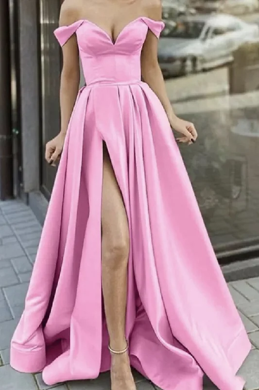 Women's Clothing Outfit Set Art Deco Geometric Pattern Look Elegant Off Shoulder Pink Satin Long Prom Dresses with High Slit    cg23754