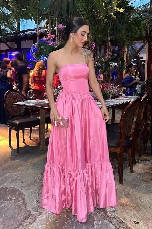 Affordable Fashion Clothing For Women Feminine Charm Classy Ball Gown Strapless Pink Floor Length Satin Slit Prom Dresses Prom Gowns C2533