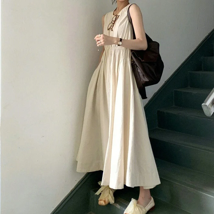 Women's Casual Attire Feminine Grace IKEARLAX  Tea Break  Sleeveless Vest Dress Women's Summer Seaside Vacation Style Waist-Tight Temperament A- line Beach Long Skirt