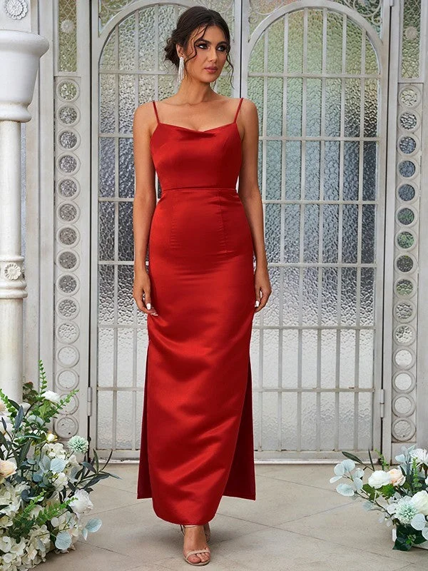 Comfortable Women's Clothing Art Deco Geometric Pattern Look Sheath/Column Satin Ruched Spaghetti Straps Sleeveless Ankle-Length Bridesmaid Dresses