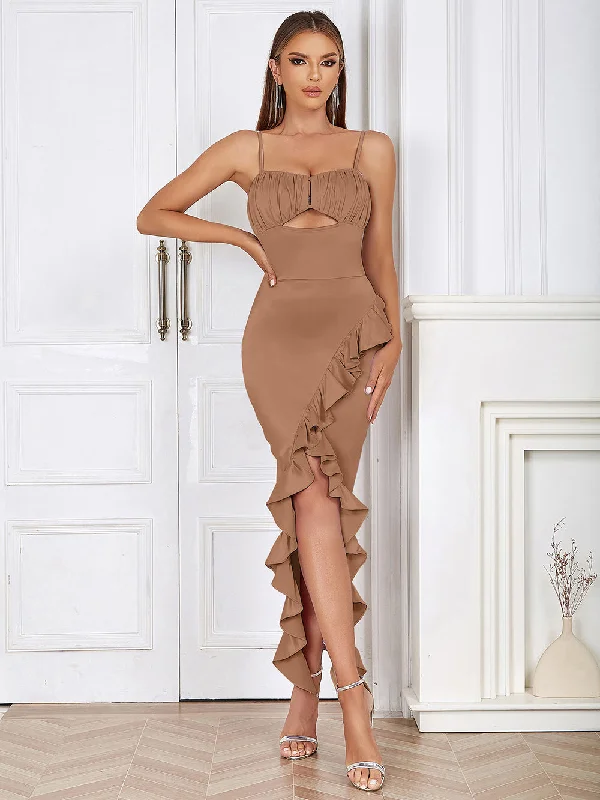 Women's Clothing Apparel Flash Sale Strappy Sleeveless Ruffle Bodycon Dress HB0203