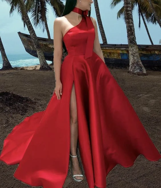 Women's Cozy Winter Attire Charming Silhouette Red prom dresses one shoulder satin split evening gown for special occasions    cg22453