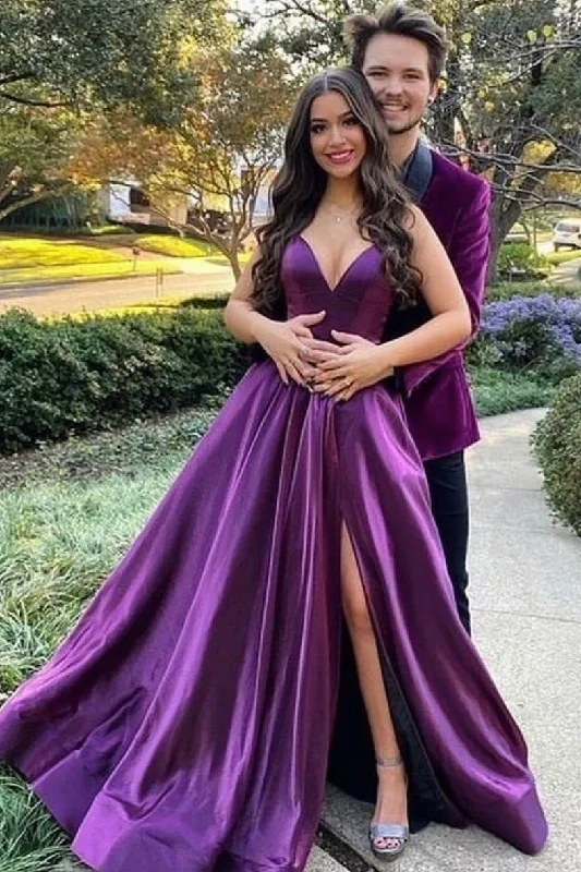 Stylish Women's Garments For Holidays Today Only Simple purple v neck satin long prom dress purple formal dress    cg21729