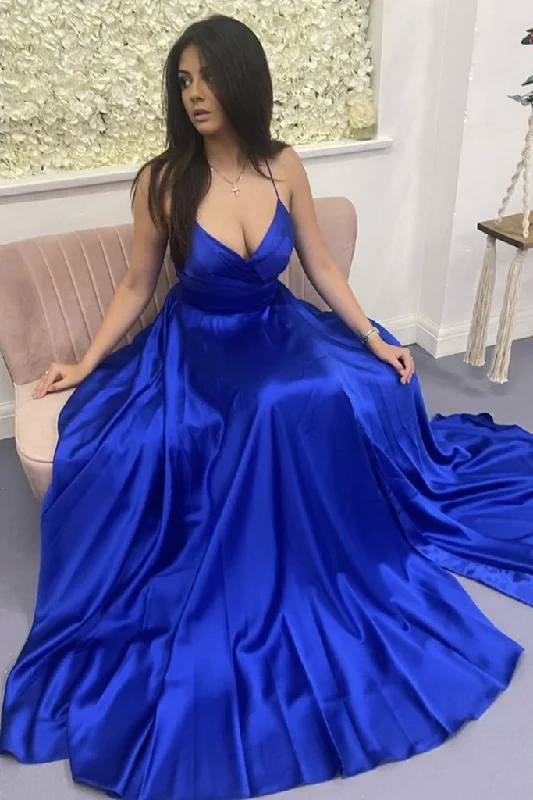 Women's Classic Outfit Feminine Soft - Hued Styles A Line V Neck Backless Royal Blue Satin Long Prom Dress           cg23264