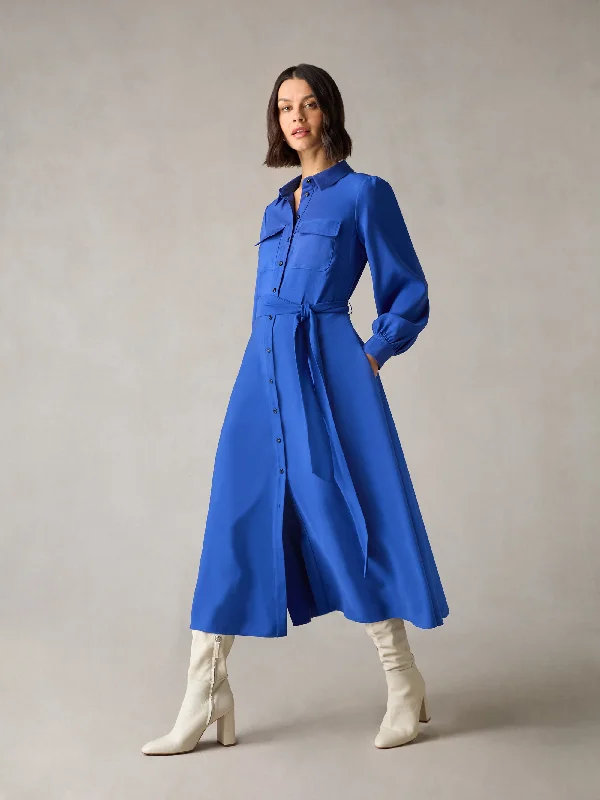 Women's Trendy Casual Outfit Final Clearance Petite Blue Pocket Detail Midi Shirt Dress