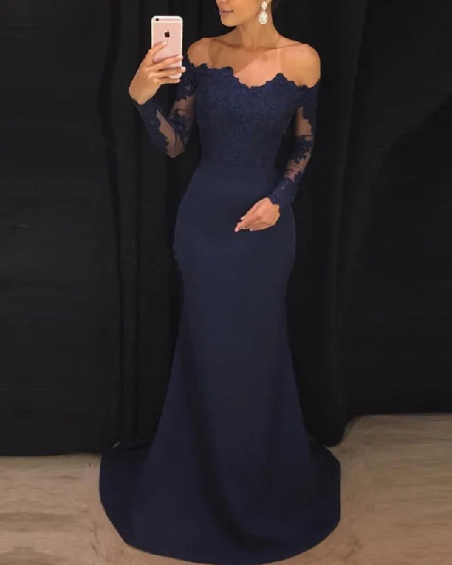 Women's Evening Garments Update with Cottagecore Styles Elegant Fitted Long Sleeves Evening Gown lace Appliqued Navy Prom Dresses