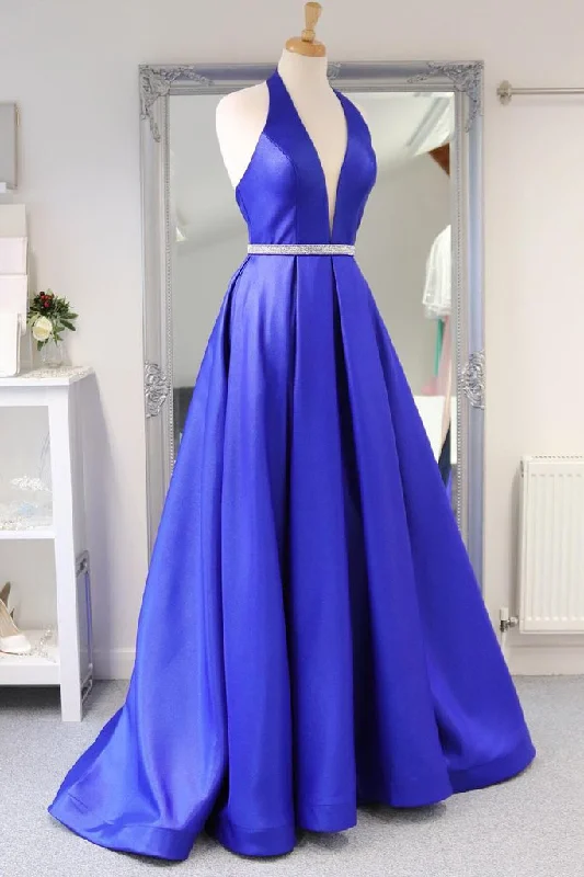 Women's Garments Graceful Movement Royal Blue Satin Deep V Neck Simple Long Prom Dress Backless Party Dresses    cg22208