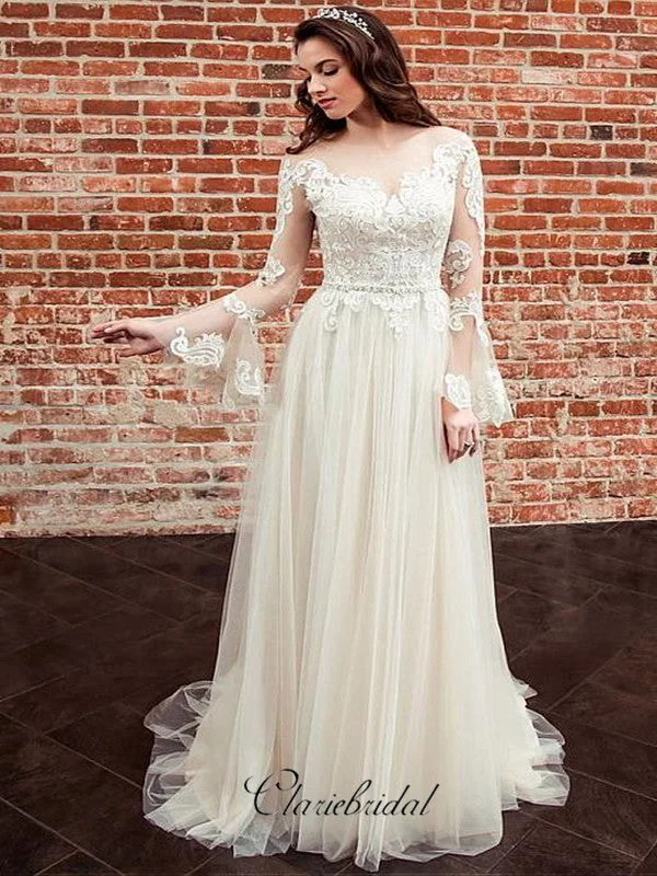 Women's Trendy Casual Outfit Cottagecore Rustic Charm Style Long Lace Sleeves Bride Dresses with See-through Neckline，Wedding Dresses