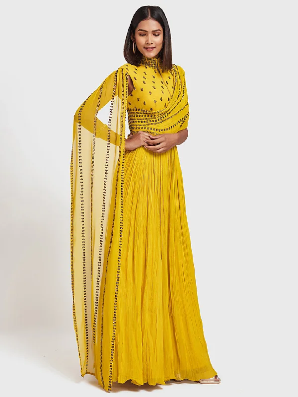 Women's Activewear Attire Vintage Elegance Neeru's Yellow Color Georgette Fabric Gown