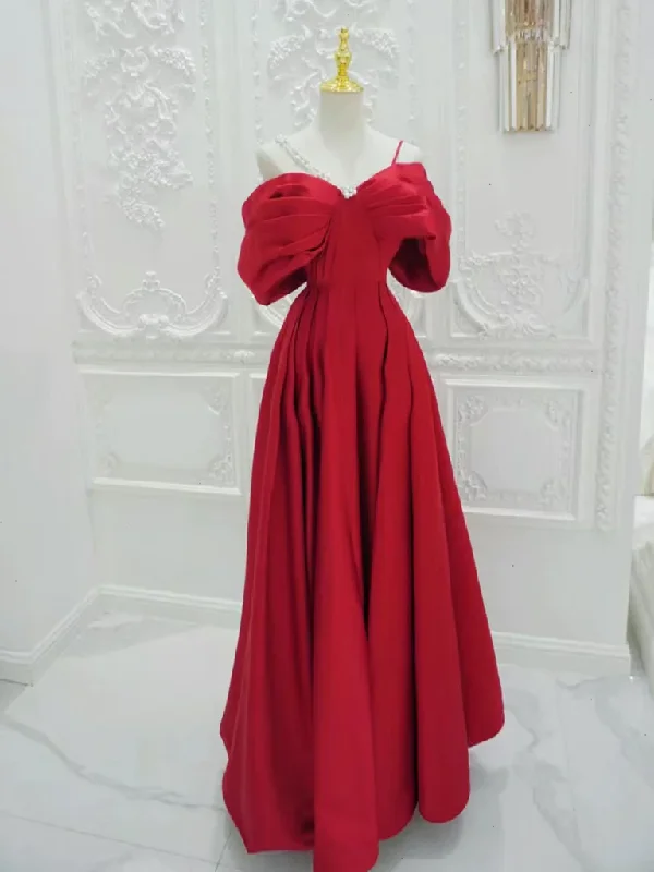 Chic Clothes For Women Feminine Flow Red A-Line Off Shoulder Satin Long Prom Dress B629