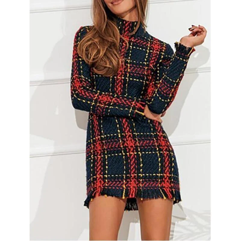 Women's Clothes And Garments Elegant Contour FashionSierra - Striped plaid tassel dress women Long sleeve mini tweed dresses