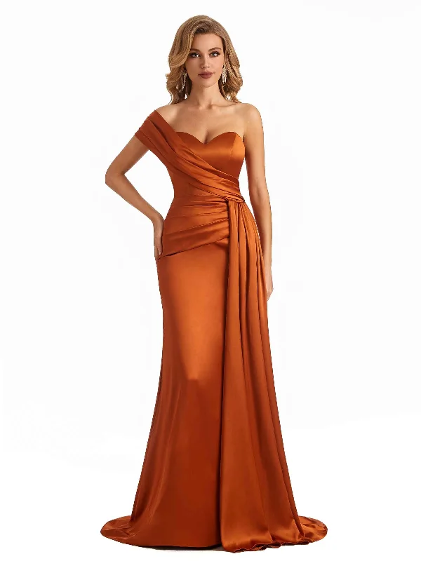 Women's Apparel And Garments Hollywood Glam Award - Show Style Elegant One Shoulder Soft Satin Long Mermaid Wedding Guest Dresses