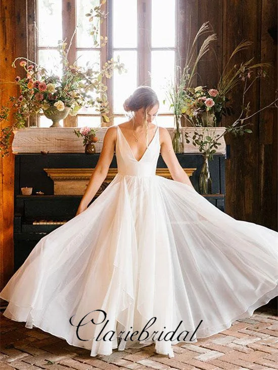 Women's Luxury Attire Huge Savings on Parisian Styles Simple A-line Chiffon Wedding Dresses, Long Bridal Gown