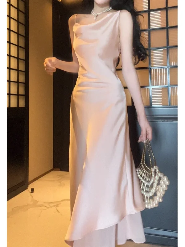 Women's Vintage Attire Effortless Comfort Pretty A Line Spaghetti Straps Silk Satin Pink Prom Dresses Sexy Evening Dress C2345