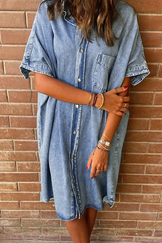 Women's Comfortable Lounge Outfit Contemporary Elegance Light Blue Vintage Wash Loose Denim Shirt Dress