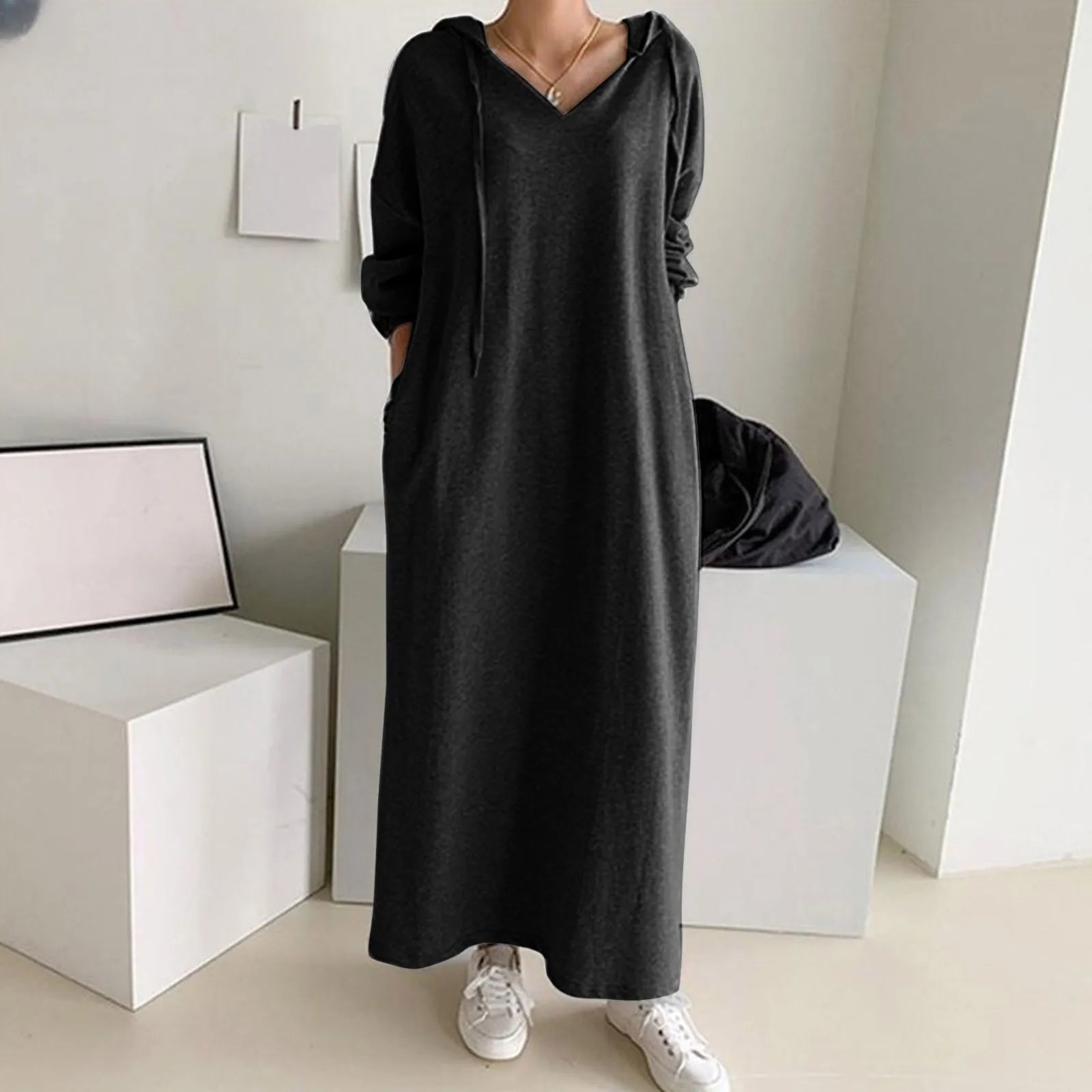 Women's High-Fashion Apparel Vibrant Prints FashionSierra - Solid Loose V Neck Casual Fashion Hooded Long Sleeve Drawstring Autumn Ladies Knee Length Dress