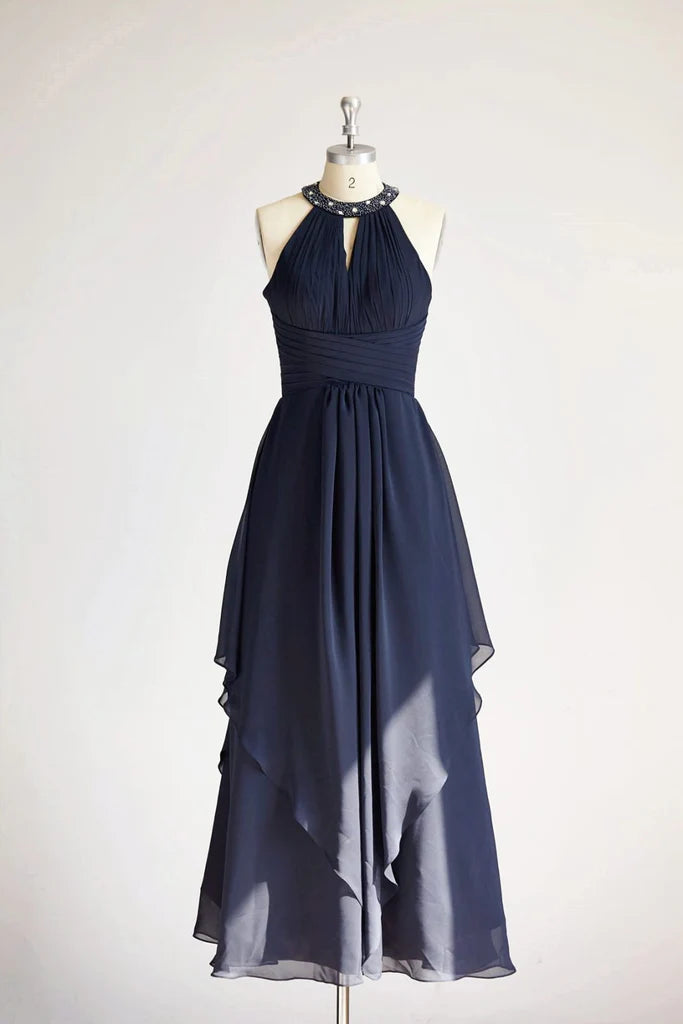 Timeless Women's Outfit Feminine Flow Halter Navy Blue Beaded Chiffon Long Wedding Bridesmaid Dress