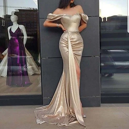 Women's Weekend Outfit Flash Sale Trumpet Sexy Off Shoulder Sleeveless Sweep / Brush Train Satin with Split Prom Dress         cg22773