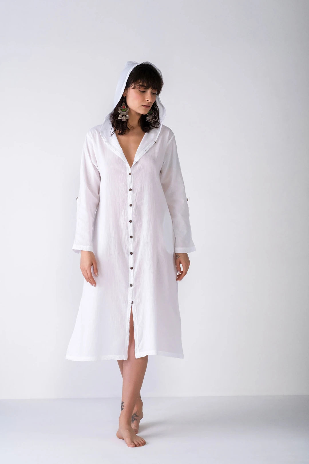 Women's Travel Garments Graceful Drape Shirt Dress Buttoned Cotton Dress White