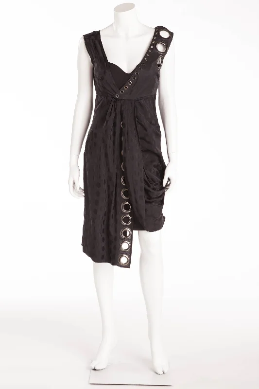 Women's Comfy Loungewear Outfit Spring Fling Sale Givenchy - Black Sleeveless Draped Dress with Black Polka Dots and Metal Embellishments - FR 36