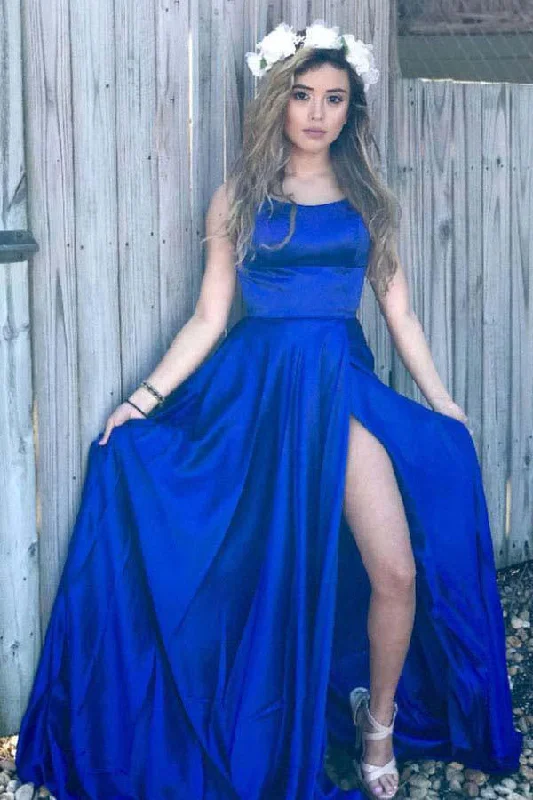 Women's Chic Outfit Parisian Effortless Chic Style Royal Blue Spaghetti Strap Formal Dresses with Side Slit Sexy Sleeveless Long Prom Dresses N1616