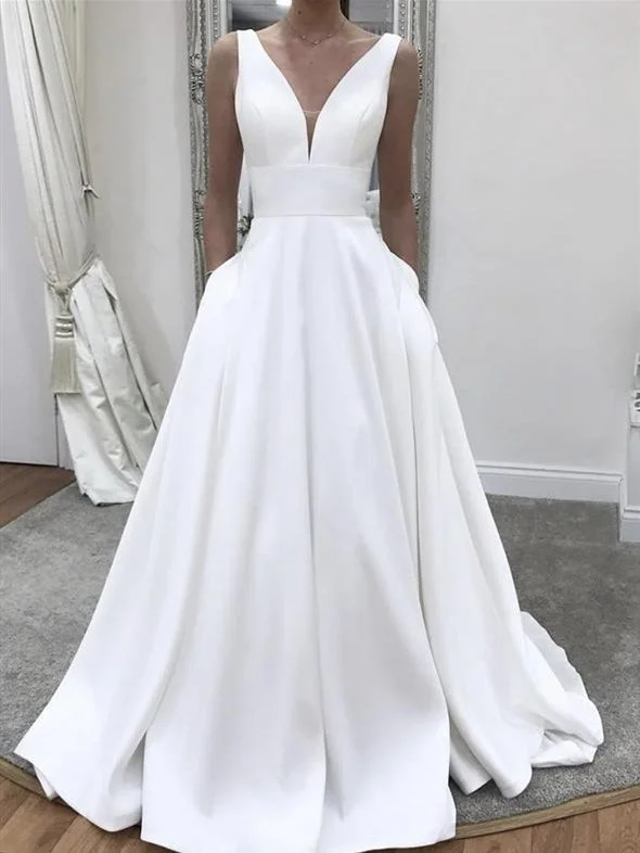 Affordable Women's Attire Luxe Layering V-neck Long A-line Wedding Dresses, Simple Satin Wedding Dresses, Bridal Gown