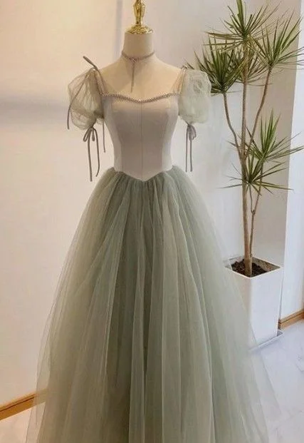 Women's Clothing With Trendy Designs Everyday Glamour A line Short Sleeves Green Satin Tulle Long Prom Dress C1056