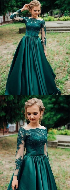 Women's Holiday Apparel Feminine Soft - Hued Styles Gorgeous Prom Dress,Dark Green Prom Dress,Long Sleeves Prom Dress,Lace Prom Dress S9362