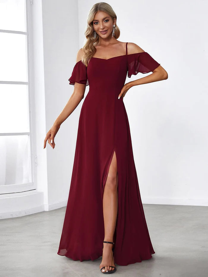 Women's Evening Clothes Modern Romance Stylish Cold-Shoulder Floor Length Bridesmaid Dress with Side Slit