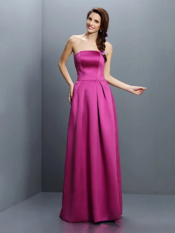 Women's Clothing For Outdoor Activities Luxe Layering Sheath/Column Strapless Sleeveless Long Satin Bridesmaid Dresses