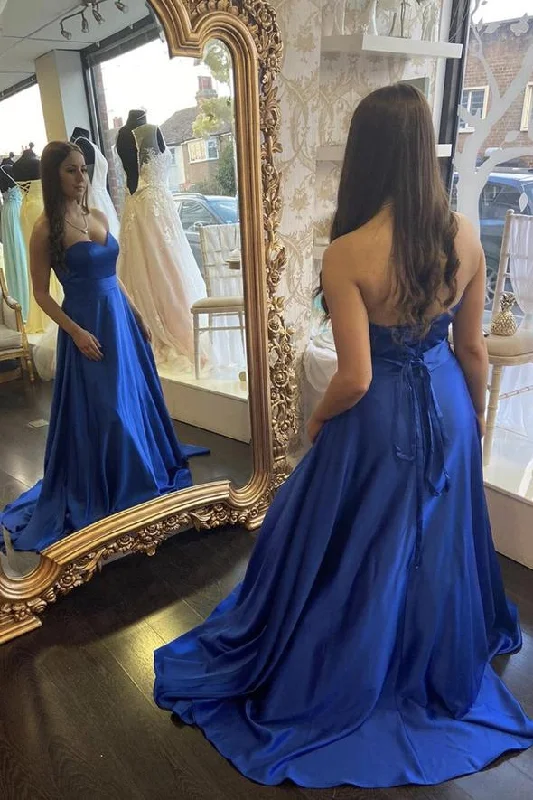 Women's Holiday Clothing Last Chance Sale Blue satin long A line prom dress blue evening dress     cg20733