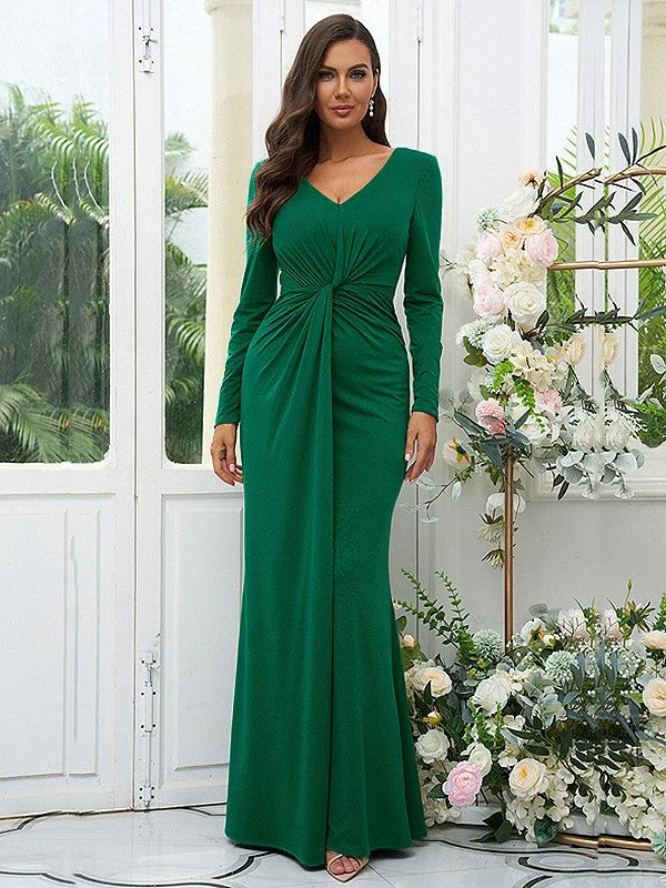 Formal Clothing For Women Parisian Effortless Chic Style Sheath/Column Jersey Ruched V-neck Long Sleeves Floor-Length Bridesmaid Dresses